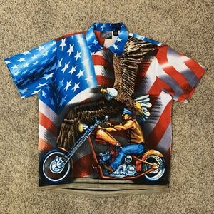 Sapphire Lounge Shirt Mens L Freedom To Ride Eagle USA Motorcycle Biker Button
